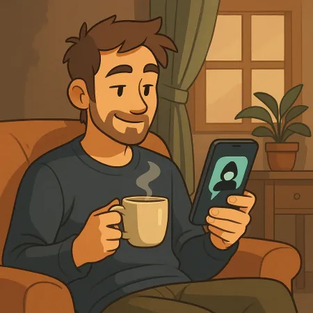 Ein bärtiger Mann sitzt bequem in einem Sessel, hält eine dampfende Tasse Kaffee in einer Hand und ein Smartphone in der anderen. Er lächelt, während er auf den Bildschirm schaut, auf dem eine anonyme Silhouette angezeigt wird. Die Innenatmosphäre ist warm, mit einer Pflanze, einem Vorhang und einem Fenster im Hintergrund.