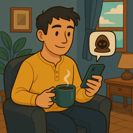 Mann, der bequem in einem Sessel sitzt, eine dampfende Tasse Kaffee hält und sein Smartphone konsultiert, mit einer Sprechblase, die ein anonymes Masken- oder Hacker-Symbol zeigt, in einem gemütlichen Wohnzimmer mit Fenster, Lampe und Pflanze