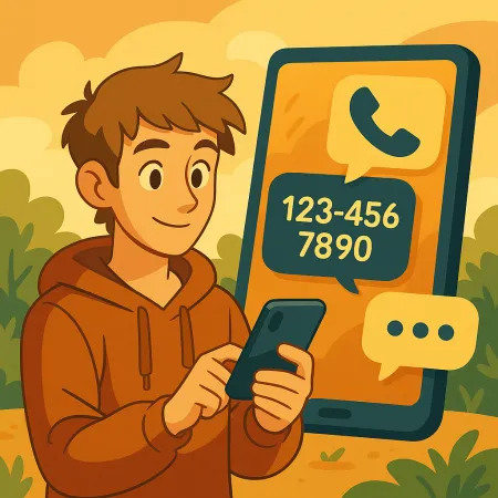 Junger Mann mit Kapuzenpullover, der sein Smartphone benutzt, mit einem großen Telefonbildschirm im Hintergrund, der ein Anrufsymbol und eine fiktive Telefonnummer (123-456-7890) anzeigt, in einer stilvollen und einladenden Außenumgebung.