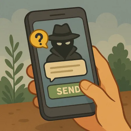 Eine Hand hält ein Smartphone, auf dem eine maskierte Figur in einem Regenmantel und Hut zu sehen ist, die einen anonymen Absender darstellt. Eine Sprechblase mit einem Fragezeichen ist sichtbar, sowie ein grüner Knopf mit der Aufschrift 'SENDEN', der das Senden einer anonymen Nachricht vorschlägt.