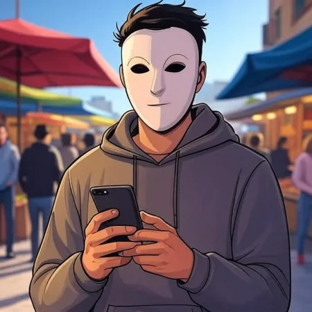 Ein junger Mann im Animationsstil, der eine weiße Maske und einen grauen Kapuzenpulli trägt, schaut auf sein Handy auf einem Freiluftmarkt.