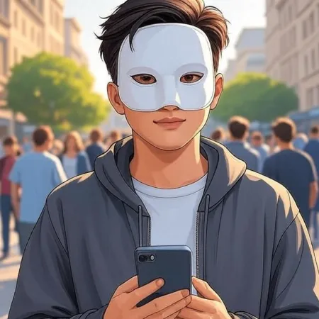 Ein junger Mann im animierten Stil mit einer weißen Maske und einer grauen Kapuzenjacke schaut in die Kamera, während er ein Smartphone in einer überfüllten Straße hält.