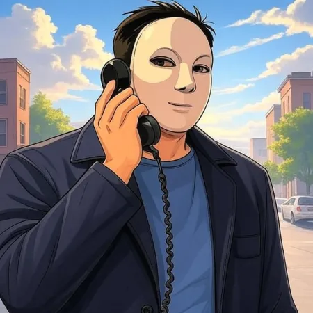 Ein Mann mit einer weißen Maske, dunkler Jacke und blauer T-Shirt, spricht in den Hörer eines alten schwarzen Telefons, mit einer Stadtstraße im Hintergrund.