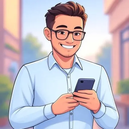 Junger Mann mit Brille und blauem Hemd, der auf sein Smartphone schaut.