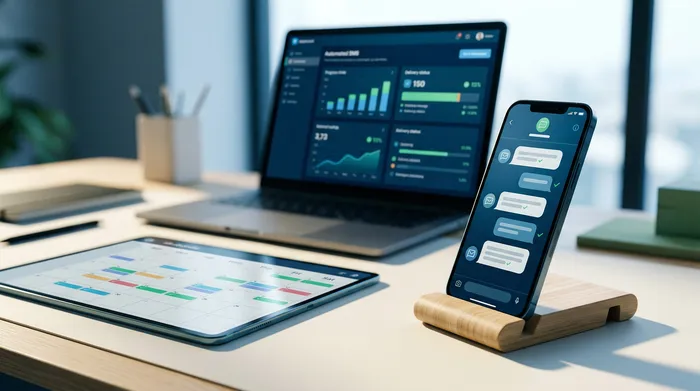 E Bild, an zwee gedeelt, weist e Smartphone: lénks, eng Messagerie-Interface mat enger Optioun fir de Versand ze plangen, a riets, eng Erënnerungsnotifikatioun op engem hëlzene Schreifdësch.