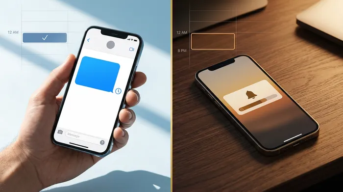 E Smartphone mat enger Messagerie-App läit op engem hellen hëlzenen Comptoir an engem Coiffeurssalon, mat professionelle Schéieren a Schéinheetsprodukter am Hannergrond.