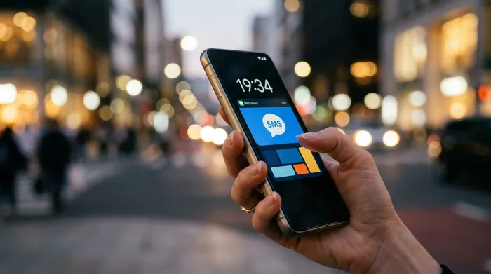 Eng Persoun, déi e Smartphone mat enger Messagerie-App hält, sëtzt un engem Schreifdësch mat engem Laptop, engem Notizbuch an enger Taass Kaffi.