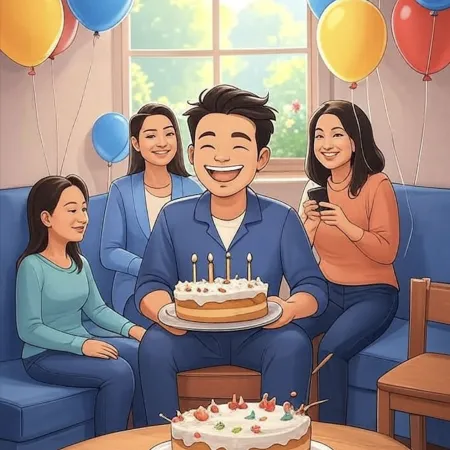 Lächelnder Mann, der einen Kuchen mit fünf Kerzen hält, umgeben von Angehörigen in einem mit bunten Ballons dekorierten Wohnzimmer.