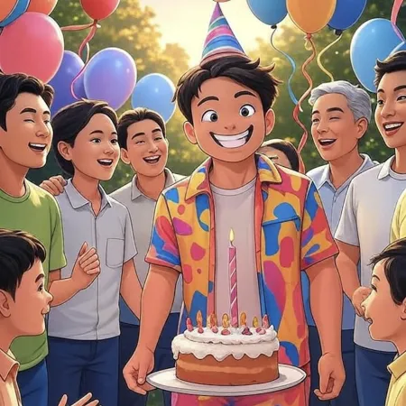 Lächelnder Junge mit Partyhut, der eine einzigartige Geburtstagstorte mit Kerze hält, umgeben von Gästen und bunten Ballons im Freien.