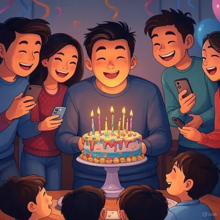 Illustration eines Geburtstags, an dem ein lächelnder Mann eine mit brennenden Kerzen dekorierte Torte hält, umgeben von Freunden und Verwandten, die Fotos mit ihren Handys machen.