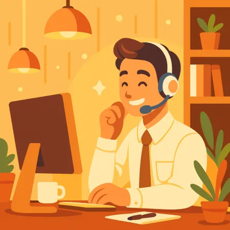 Illustration eines lächelnden Mannes mit Kopfhörern, der an einem Desktop-Computer in einer warmen und komfortablen Umgebung mit Pflanzen und einer Tasse Kaffee arbeitet