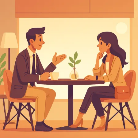 Illustration von zwei Personen, die sich in einem Café gegenüber sitzen und miteinander sprechen, ein Mann im Anzug und eine Frau in schicker Freizeitkleidung, die an einem Tisch mit einer kleinen Pflanze in der Mitte sitzen